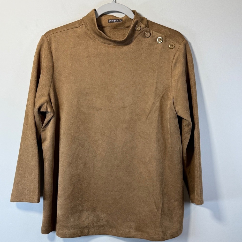 J.McLaughlin Faux Suede Top Women M Camel Brown Mock Neck Gold Button Minimalist